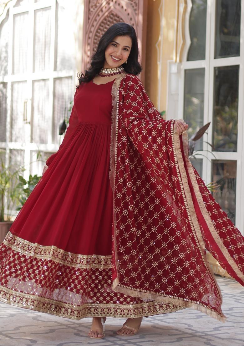 Maroon Embroidered Georgette Anarkali Set With Dupatta
