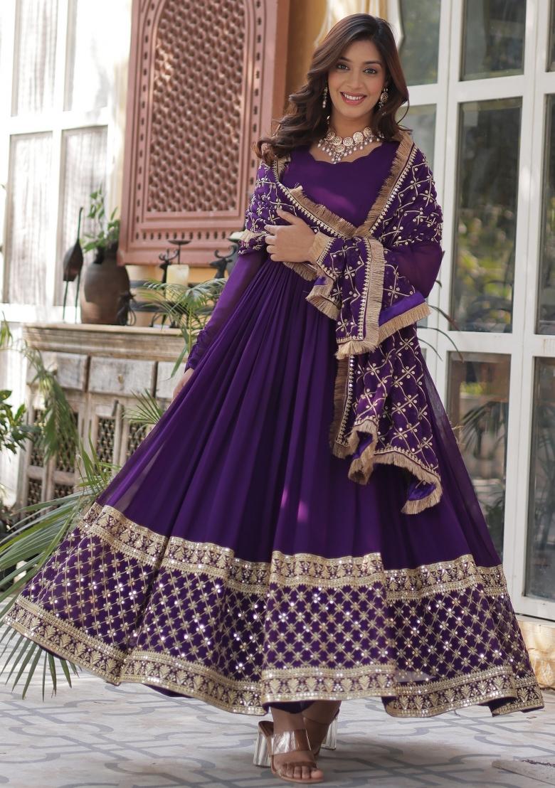 Violet Embroidered Georgette Anarkali Set With Dupatta