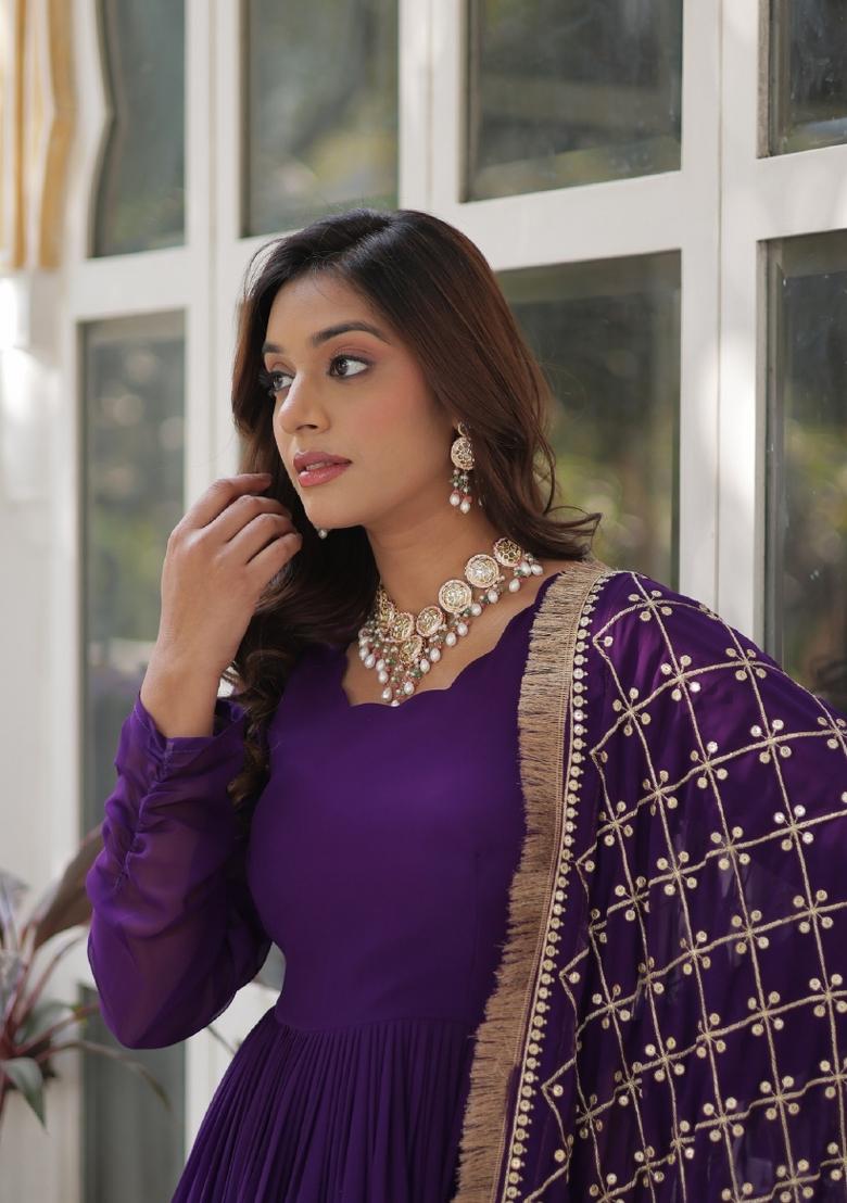 Violet Embroidered Georgette Anarkali Set With Dupatta