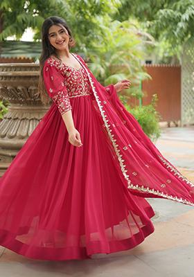 Red Embroidered Georgette Anarkali Set With Dupatta