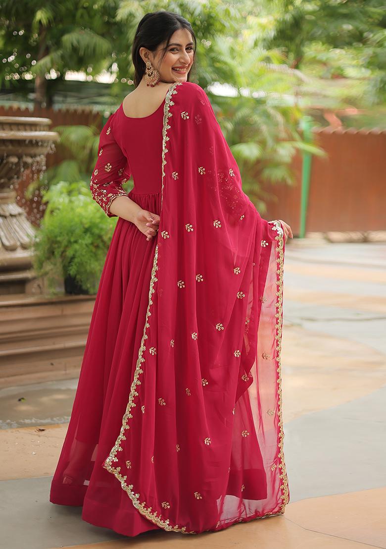 Red Embroidered Georgette Anarkali Set With Dupatta
