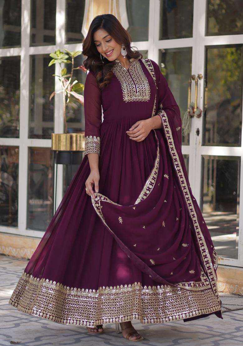 Wine Embroidered Georgette Anarkali Set With Dupatta