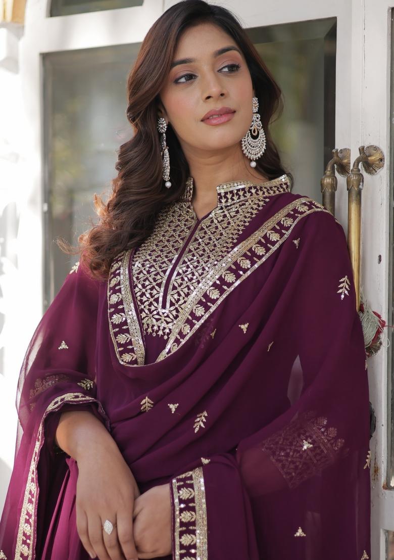 Wine Embroidered Georgette Anarkali Set With Dupatta