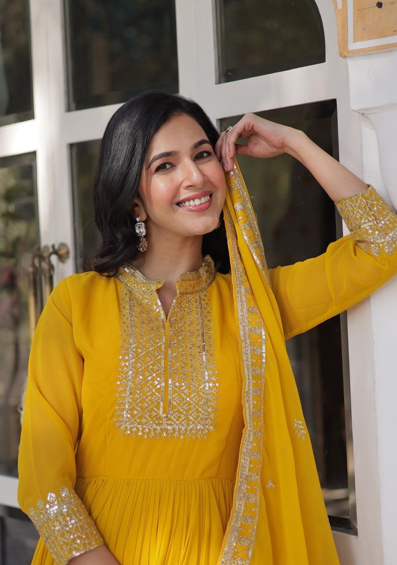 Yellow Embroidered Georgette Anarkali Set With Dupatta