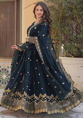 Rama Blue Embroidered Georgette Anarkali Set With Dupatta