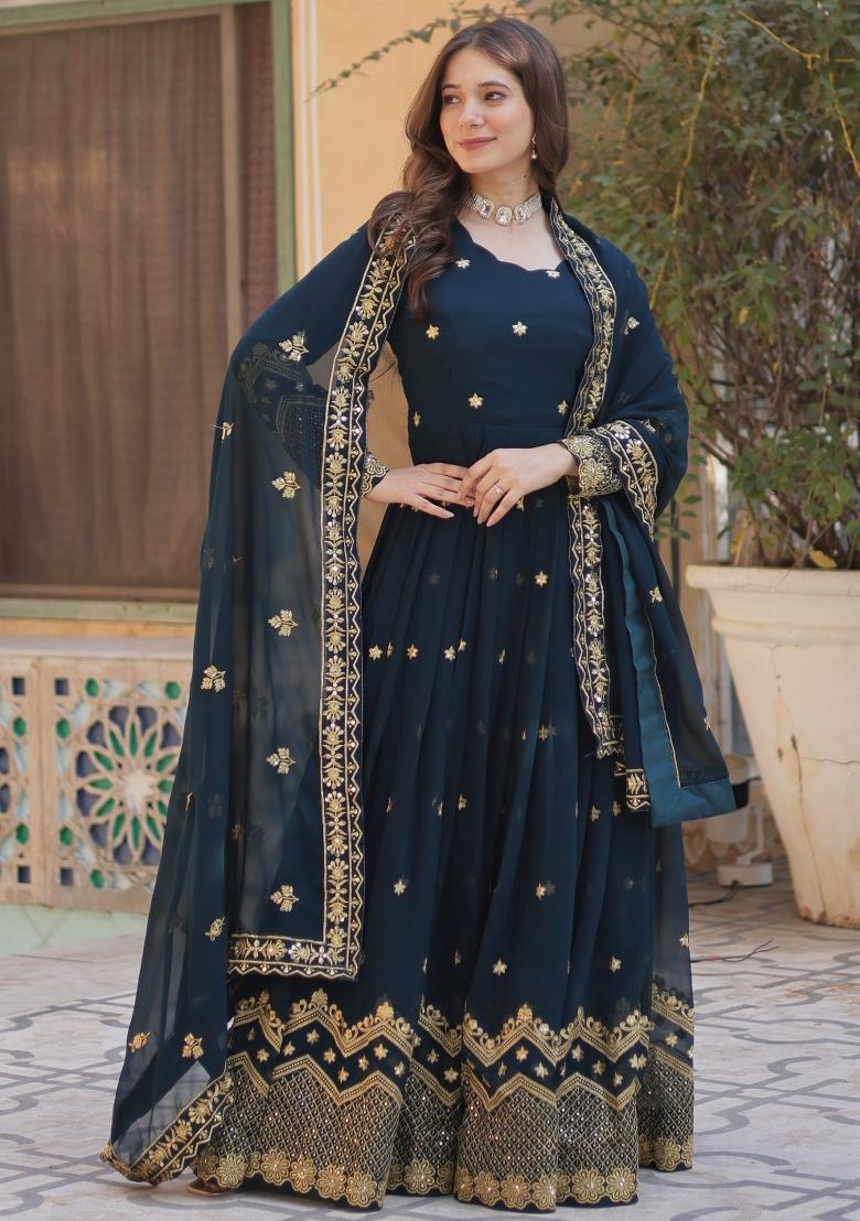 Rama Blue Embroidered Georgette Anarkali Set With Dupatta