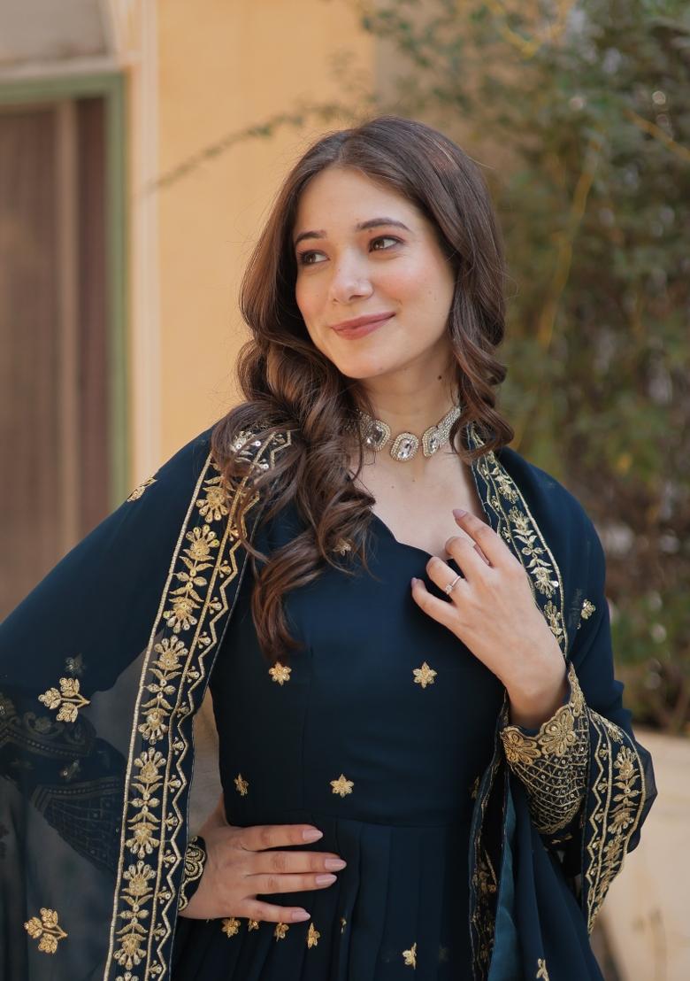 Rama Blue Embroidered Georgette Anarkali Set With Dupatta