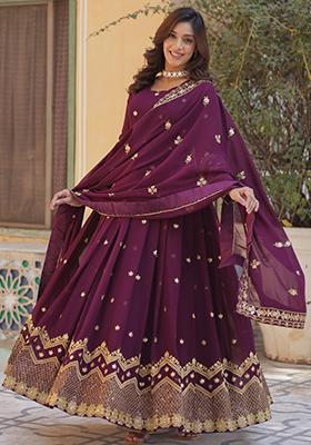 Wine Embroidered Georgette Anarkali Set With Dupatta