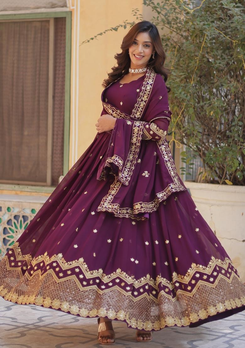 Wine Embroidered Georgette Anarkali Set With Dupatta