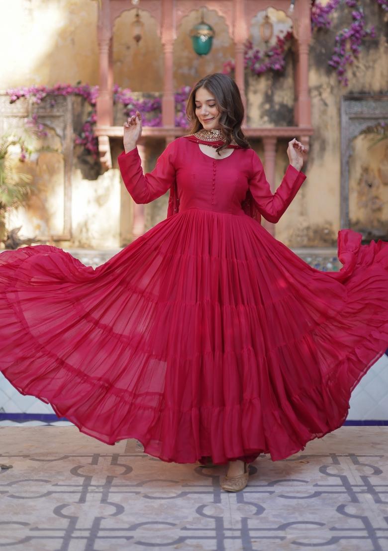 Pink Embroidered Georgette Anarkali Set With Dupatta