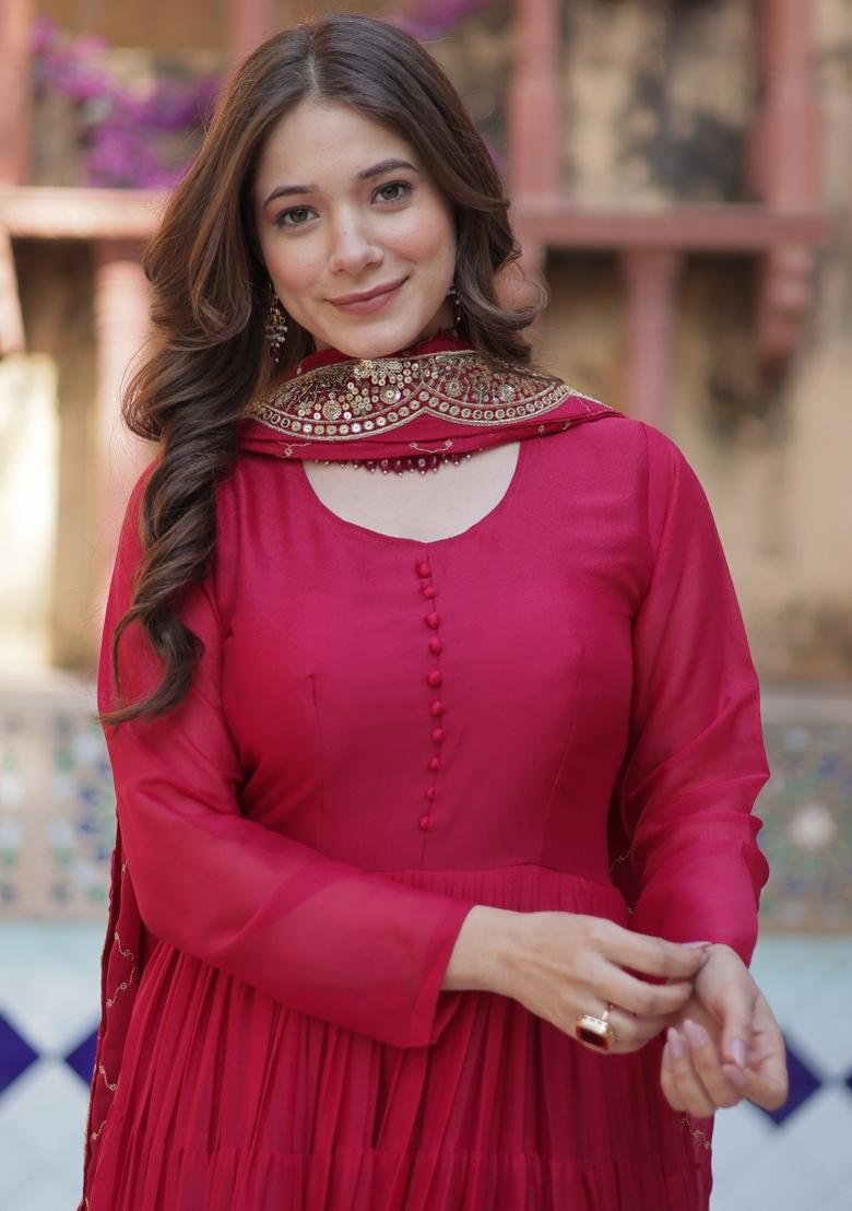 Pink Embroidered Georgette Anarkali Set With Dupatta