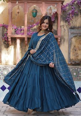 Rama Blue Embroidered Georgette Anarkali Set With Dupatta