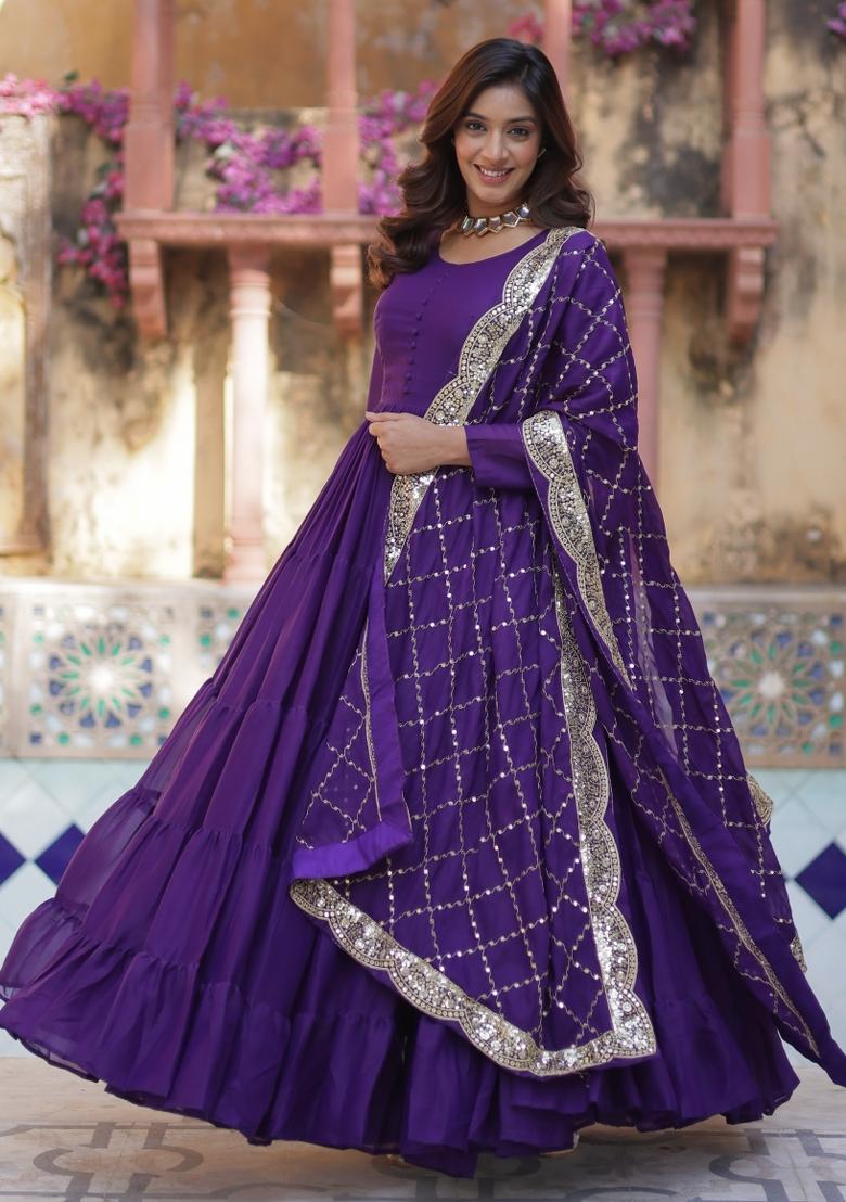 Violet Embroidered Georgette Anarkali Set With Dupatta