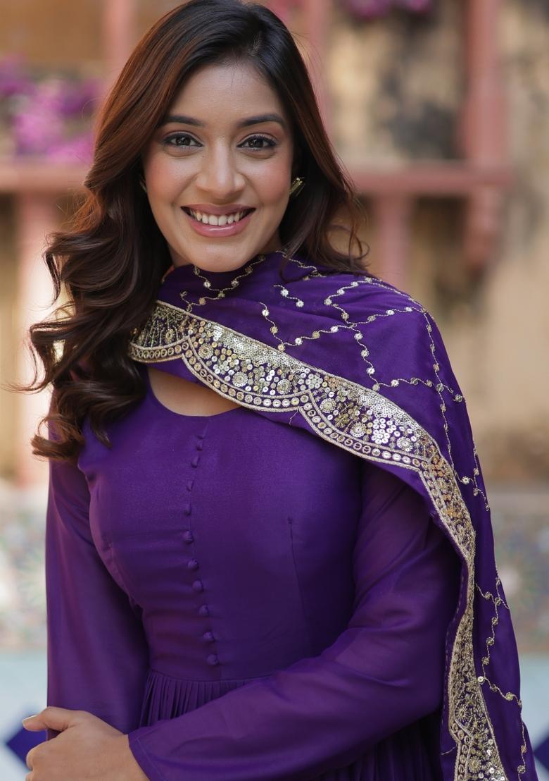 Violet Embroidered Georgette Anarkali Set With Dupatta