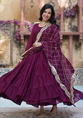 Wine Embroidered Georgette Anarkali Set With Dupatta