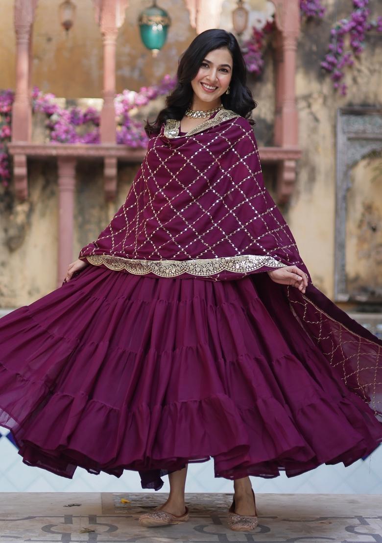 Wine Embroidered Georgette Anarkali Set With Dupatta