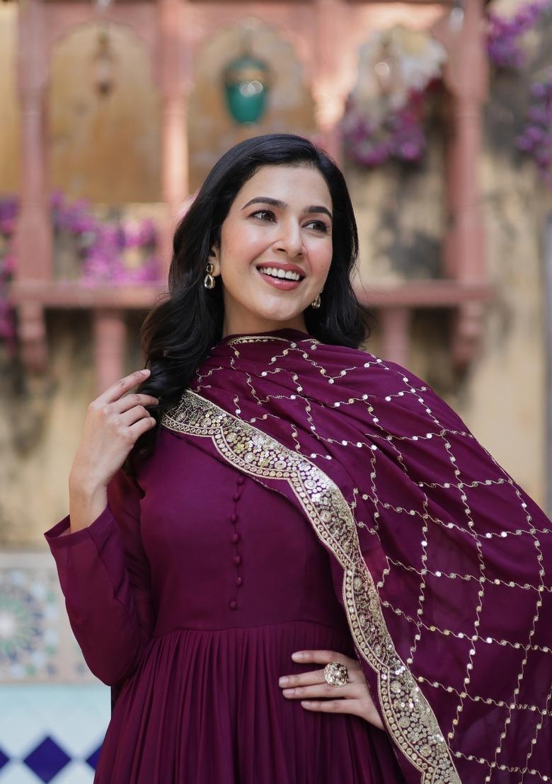 Wine Embroidered Georgette Anarkali Set With Dupatta