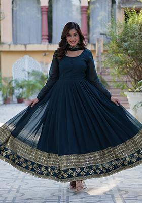 Rama Blue Embroidered Georgette Anarkali Set With Dupatta