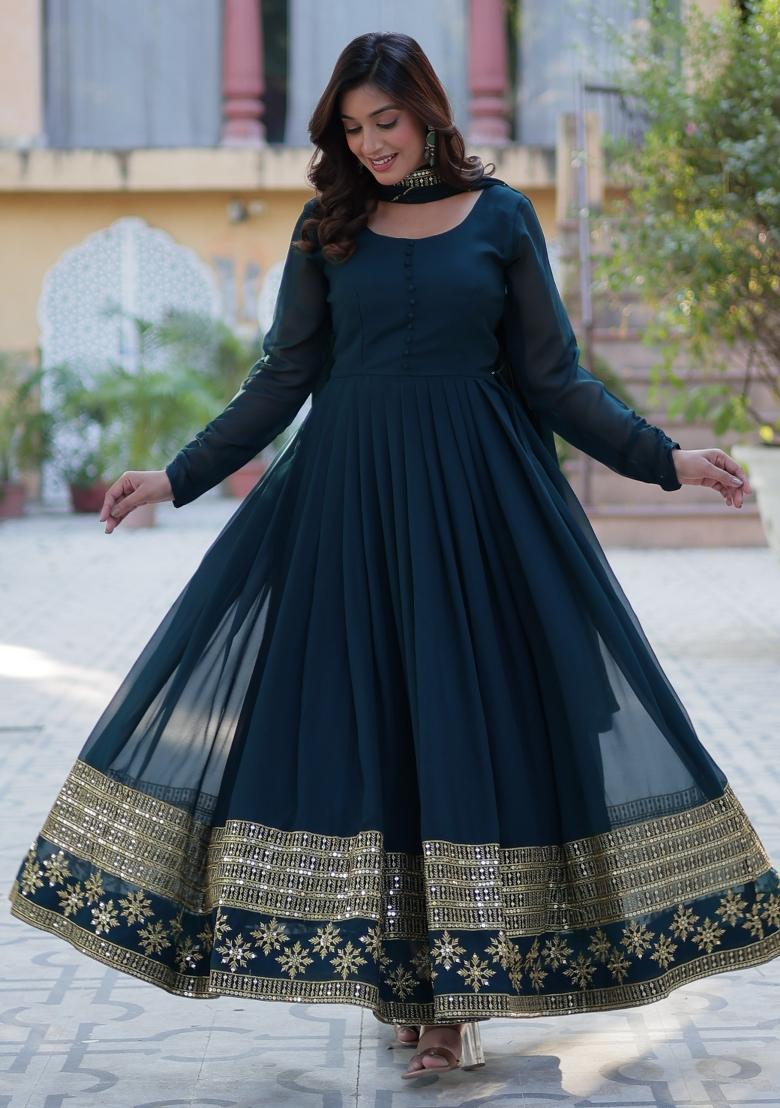 Rama Blue Embroidered Georgette Anarkali Set With Dupatta