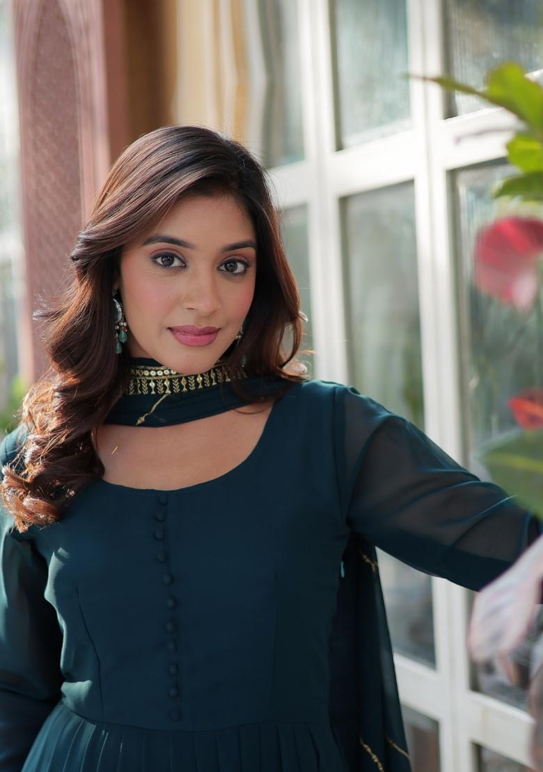 Rama Blue Embroidered Georgette Anarkali Set With Dupatta