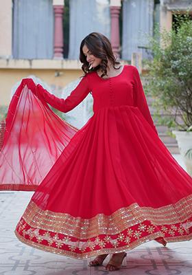 Red Embroidered Georgette Anarkali Set With Dupatta