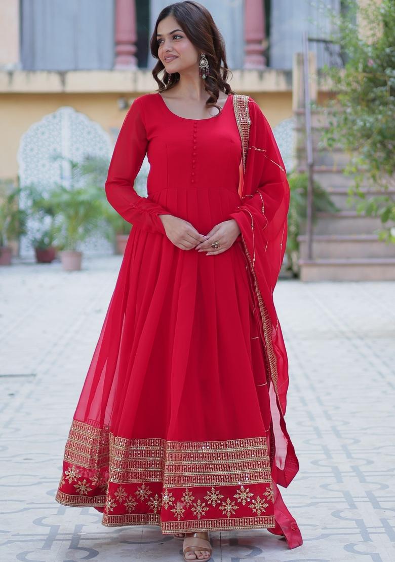 Red Embroidered Georgette Anarkali Set With Dupatta
