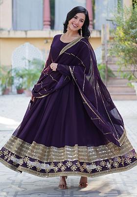 Wine Embroidered Georgette Anarkali Set With Dupatta