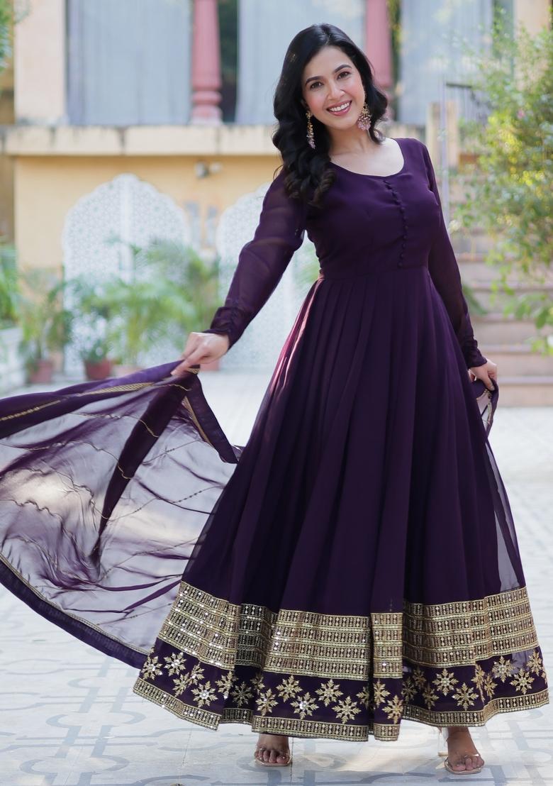 Wine Embroidered Georgette Anarkali Set With Dupatta