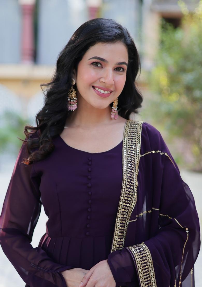 Wine Embroidered Georgette Anarkali Set With Dupatta