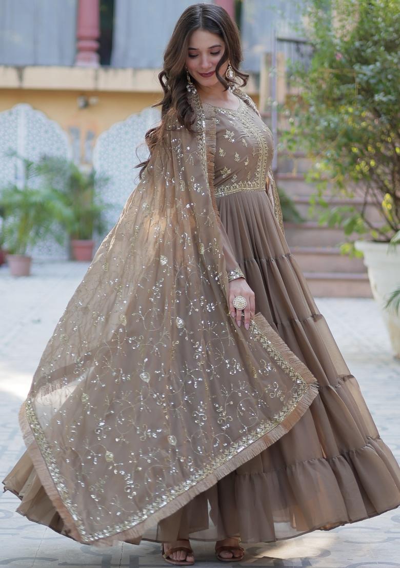 Beige Embroidered Georgette Anarkali Set With Dupatta
