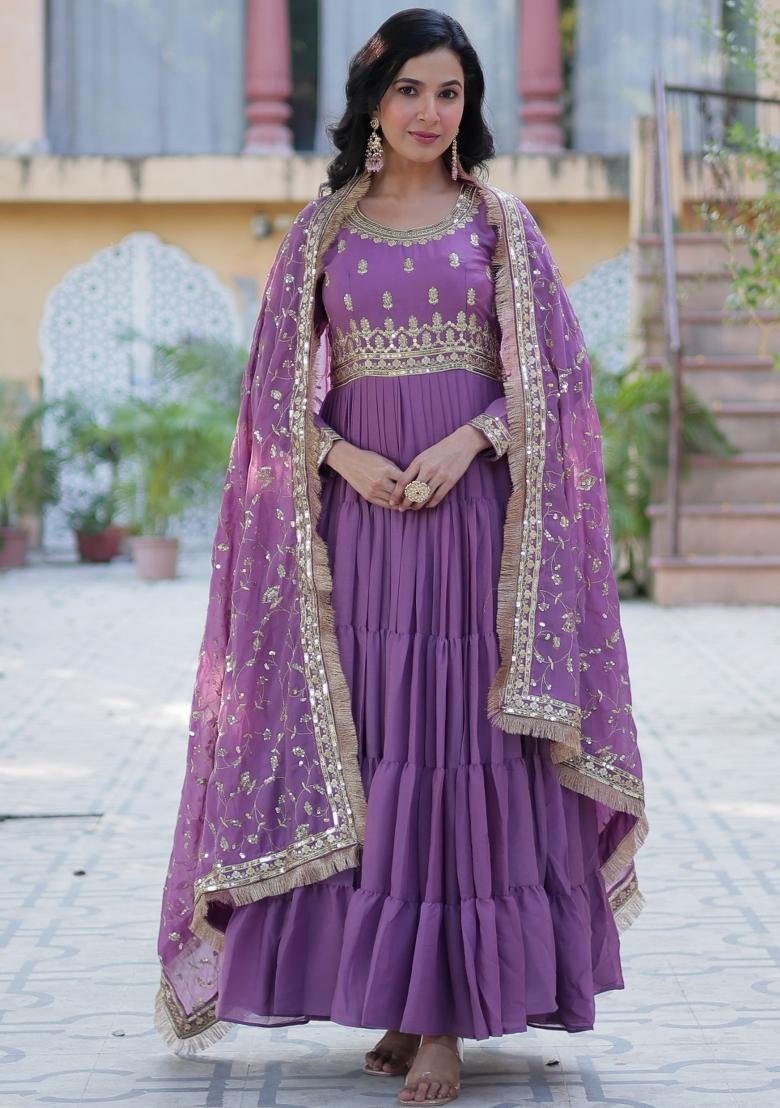 Light Violet Embroidered Georgette Anarkali Set With Dupatta