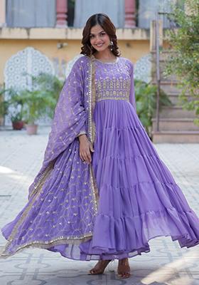 Lavender Embroidered Georgette Anarkali Set With Dupatta