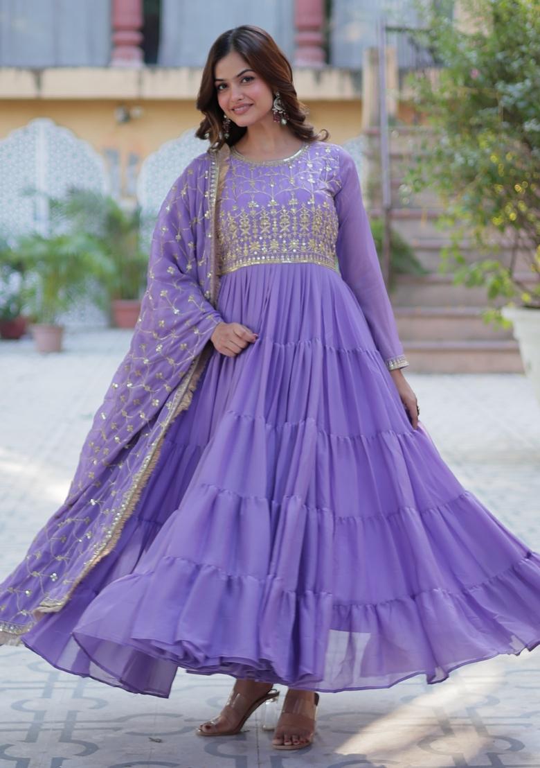 Lavender Embroidered Georgette Anarkali Set With Dupatta