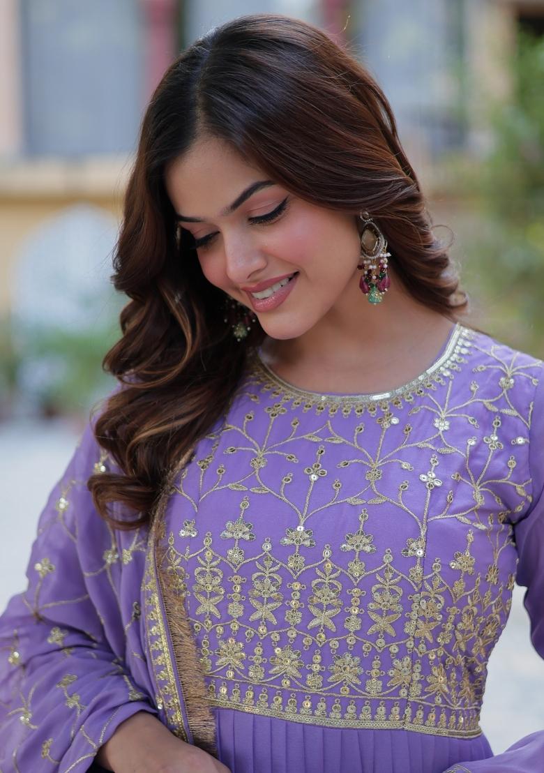 Lavender Embroidered Georgette Anarkali Set With Dupatta