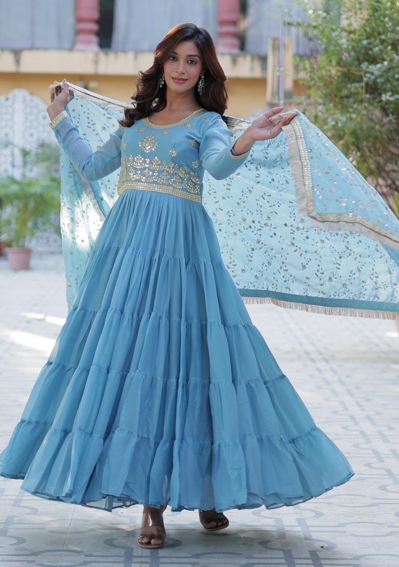 Sky Blue Embroidered Georgette Anarkali Set With Dupatta