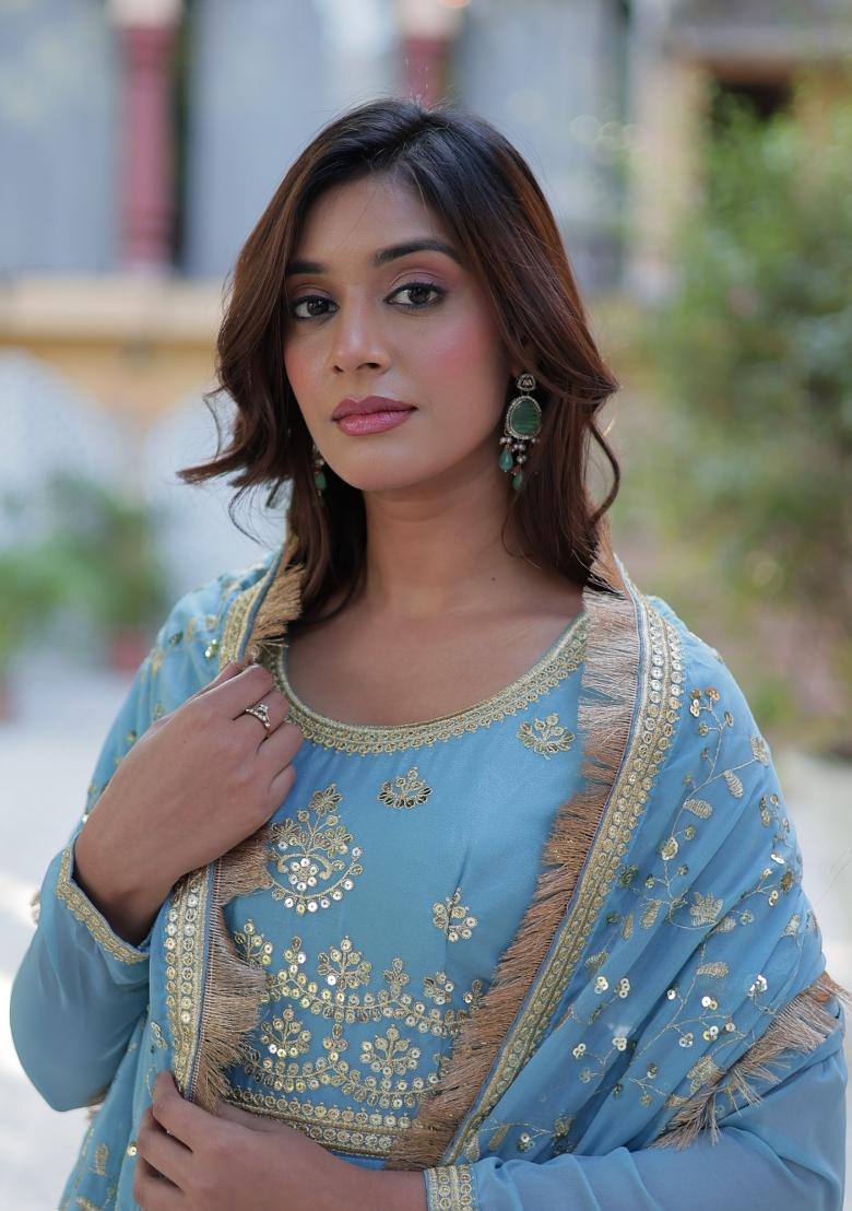 Sky Blue Embroidered Georgette Anarkali Set With Dupatta