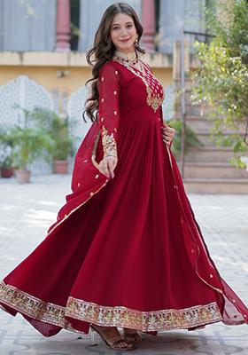 Maroon Embroidered Georgette Anarkali Set With Dupatta