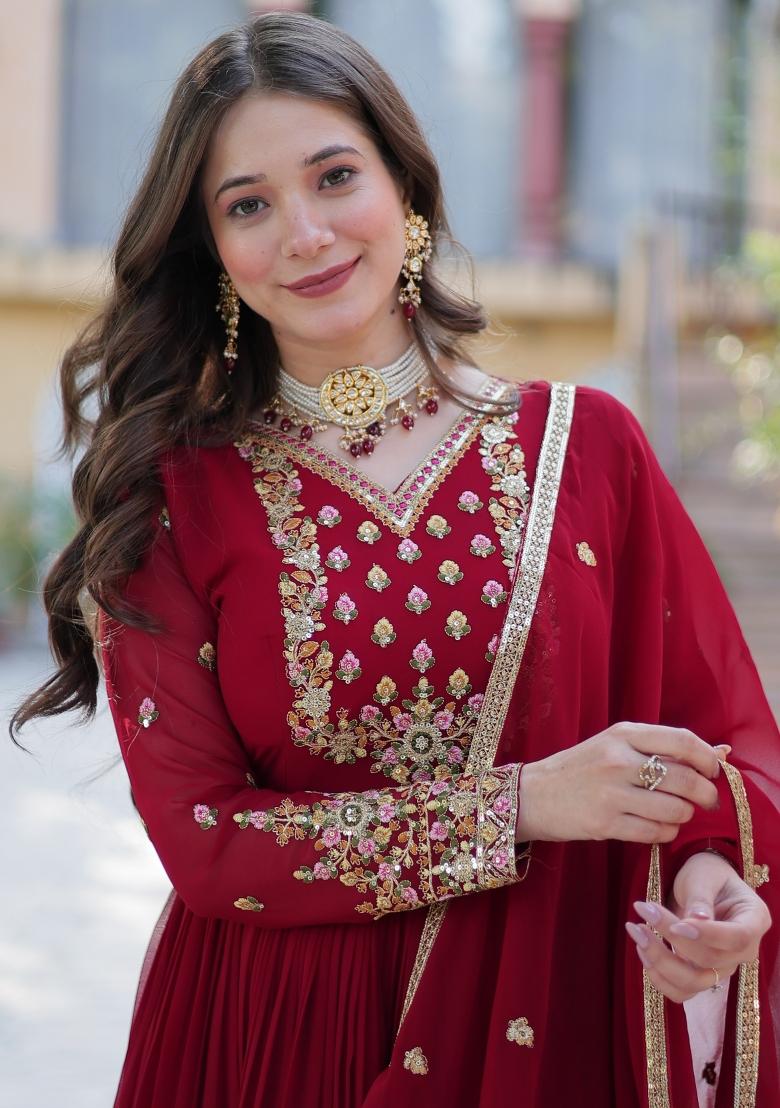 Maroon Embroidered Georgette Anarkali Set With Dupatta