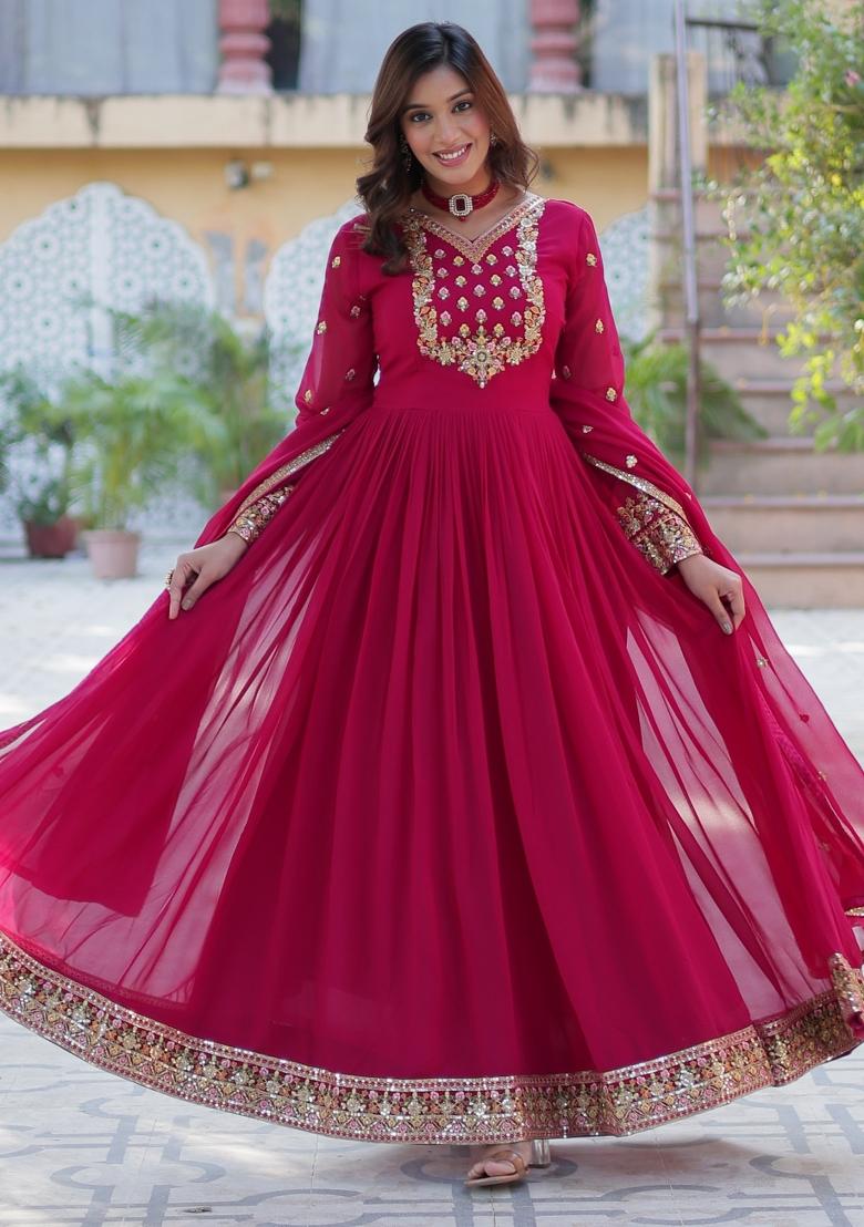 Pink Embroidered Georgette Anarkali Set With Dupatta