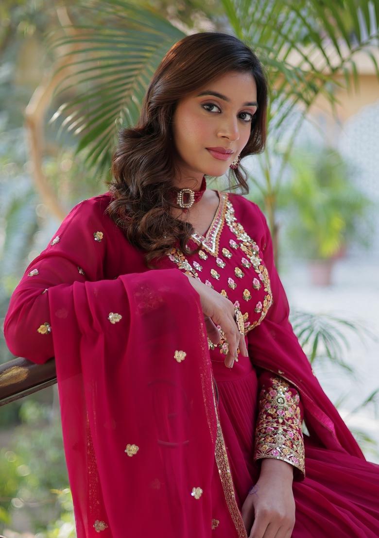 Pink Embroidered Georgette Anarkali Set With Dupatta