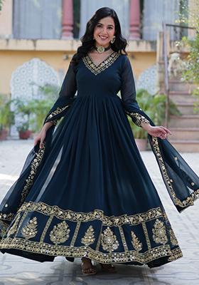 Rama Blue Embroidered Georgette Anarkali Set With Dupatta