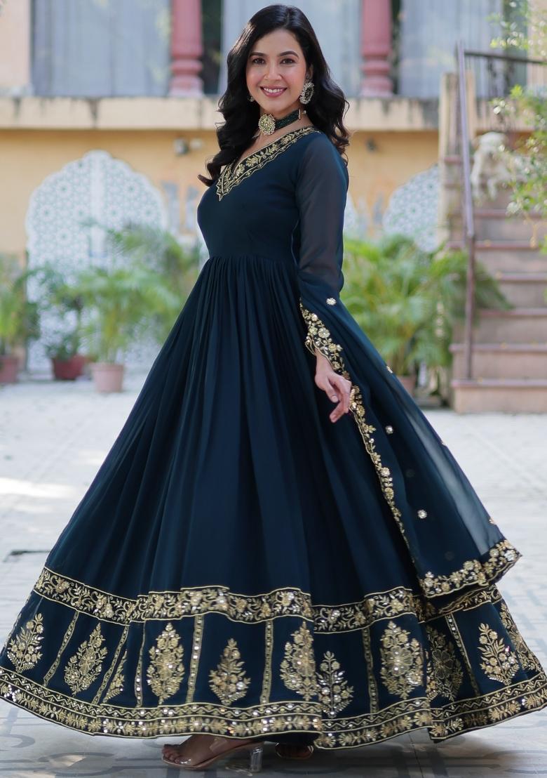 Rama Blue Embroidered Georgette Anarkali Set With Dupatta