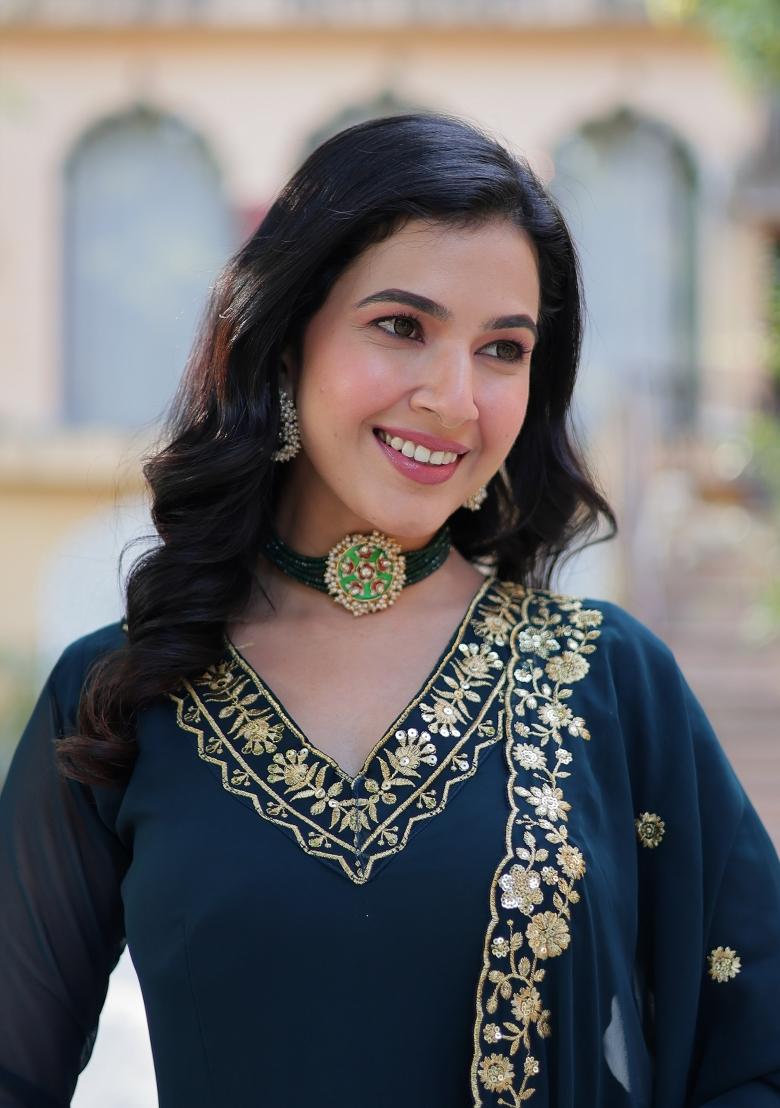 Rama Blue Embroidered Georgette Anarkali Set With Dupatta