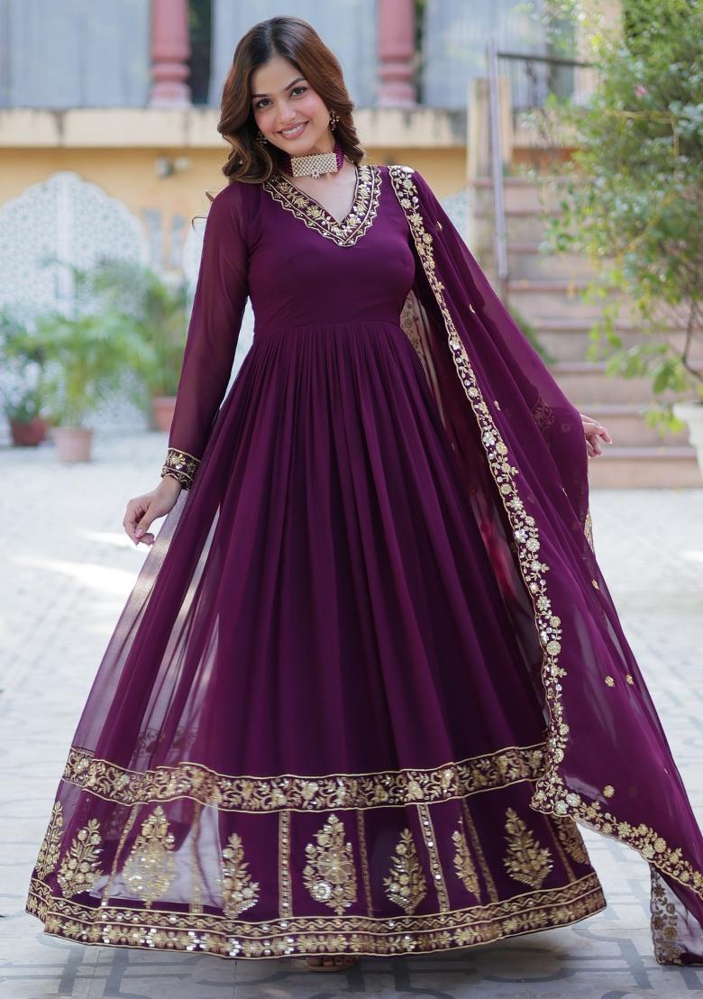 Wine Embroidered Georgette Anarkali Set With Dupatta