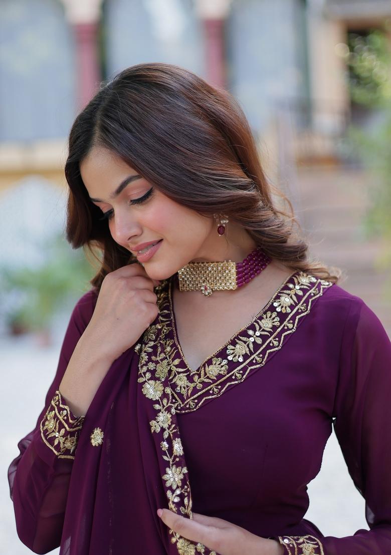 Wine Embroidered Georgette Anarkali Set With Dupatta