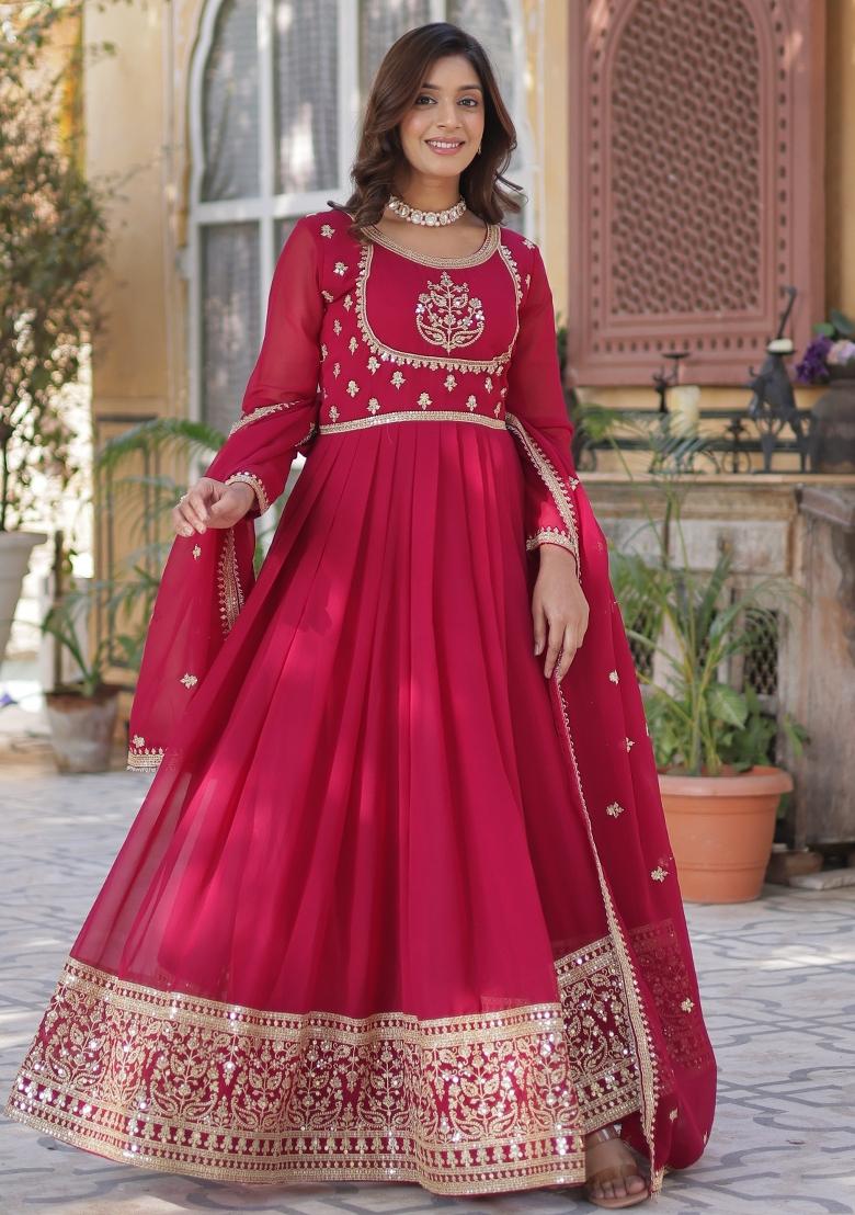 Pink Embroidered Georgette Anarkali Set With Dupatta