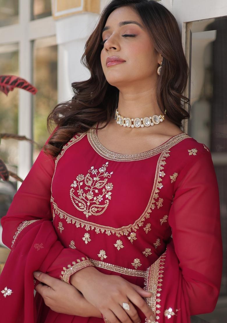 Pink Embroidered Georgette Anarkali Set With Dupatta
