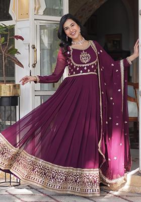 Wine Embroidered Georgette Anarkali Set With Dupatta