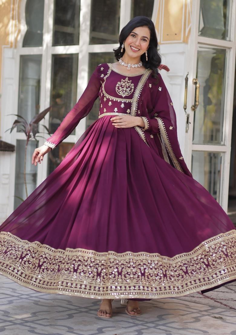 Wine Embroidered Georgette Anarkali Set With Dupatta