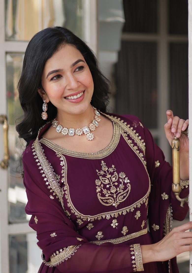 Wine Embroidered Georgette Anarkali Set With Dupatta